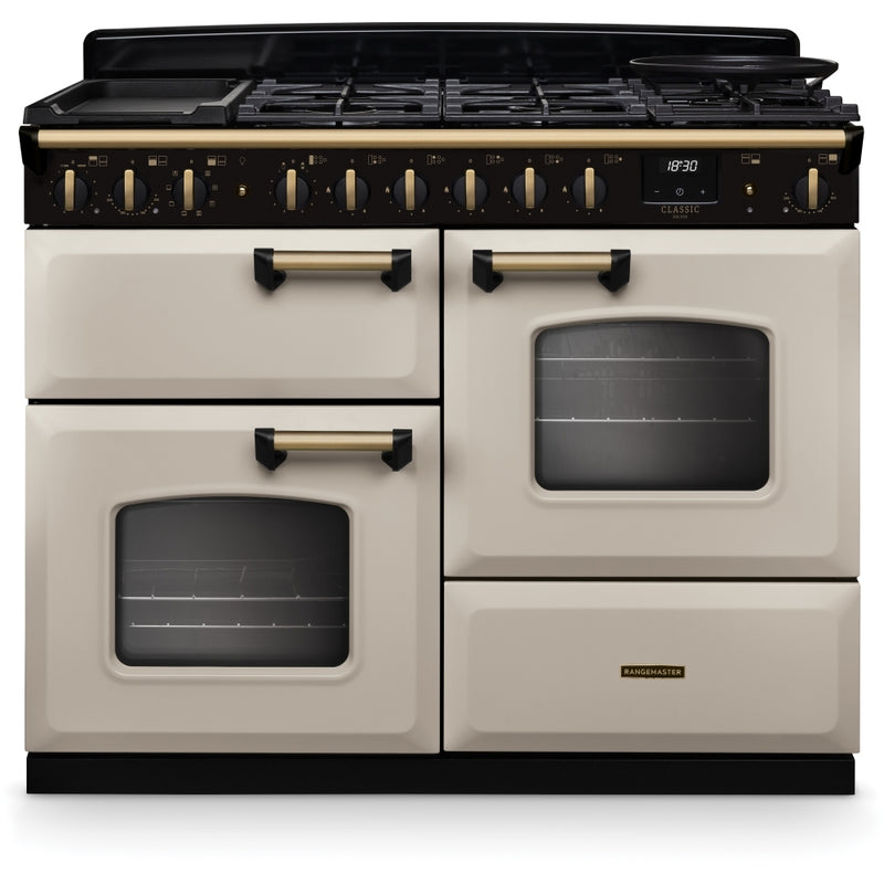 Rangemaster Classic Deluxe - Pale Cream/Antique Brass Range Cooker - 110cm Dual Fuel - A Rated