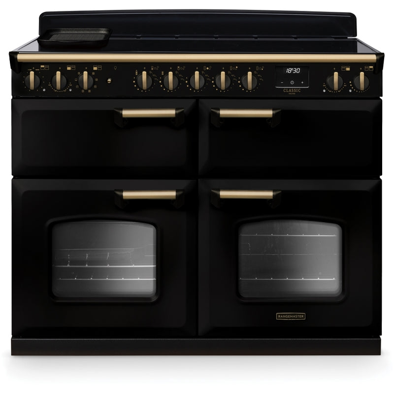 Rangemaster CLDLB110EIPGBL/AB1 Classic Deluxe - Gloss Black/Antique Brass Range Cooker - 110cm Electric Induction - A Energy