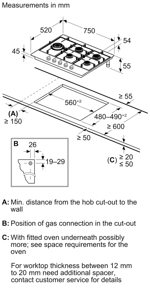 Bosch Series 4 PGM7B5K90 - Stainless Steel 75cm Gas Hob - 5 Burners with Wok - Built-in