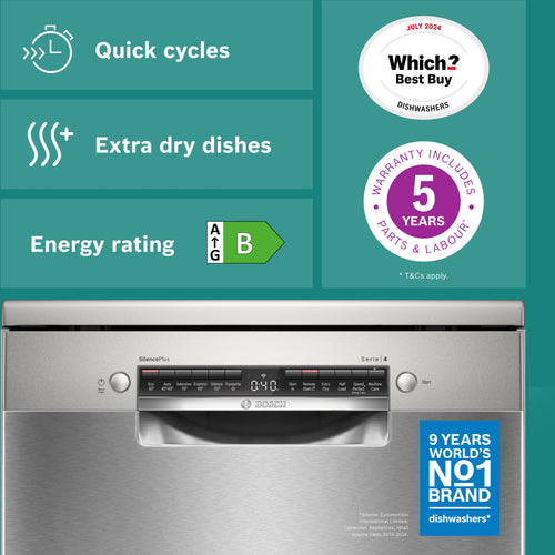 Bosch Series 4 SMS4EMI06G - Silver Freestanding Dishwasher - B energy