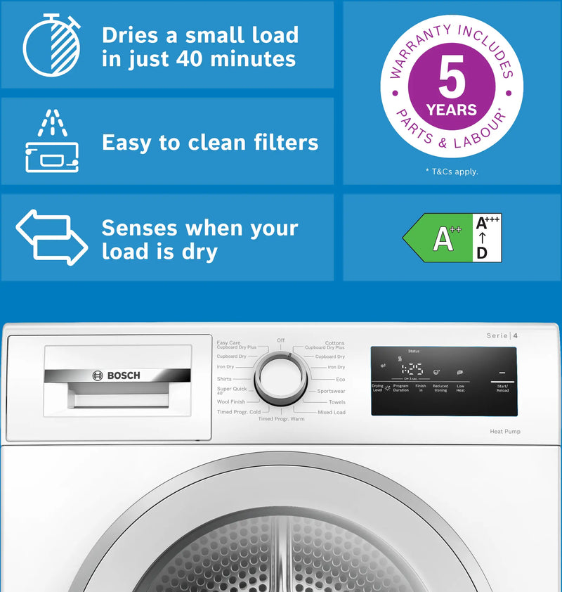 Bosch Series 4 WTH85226GB - White 8KG Tumble Dryer - Heat Pump - E Energy Rating