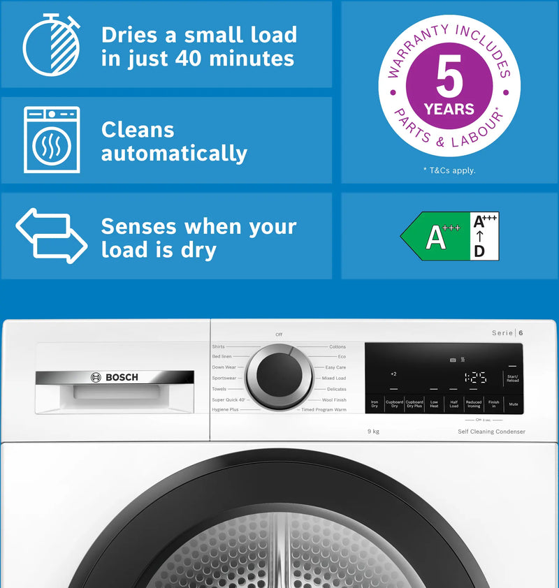 Bosch Series 6 WQG24502GB - White 9KG Heat Pump Tumble Dryer - C Energy