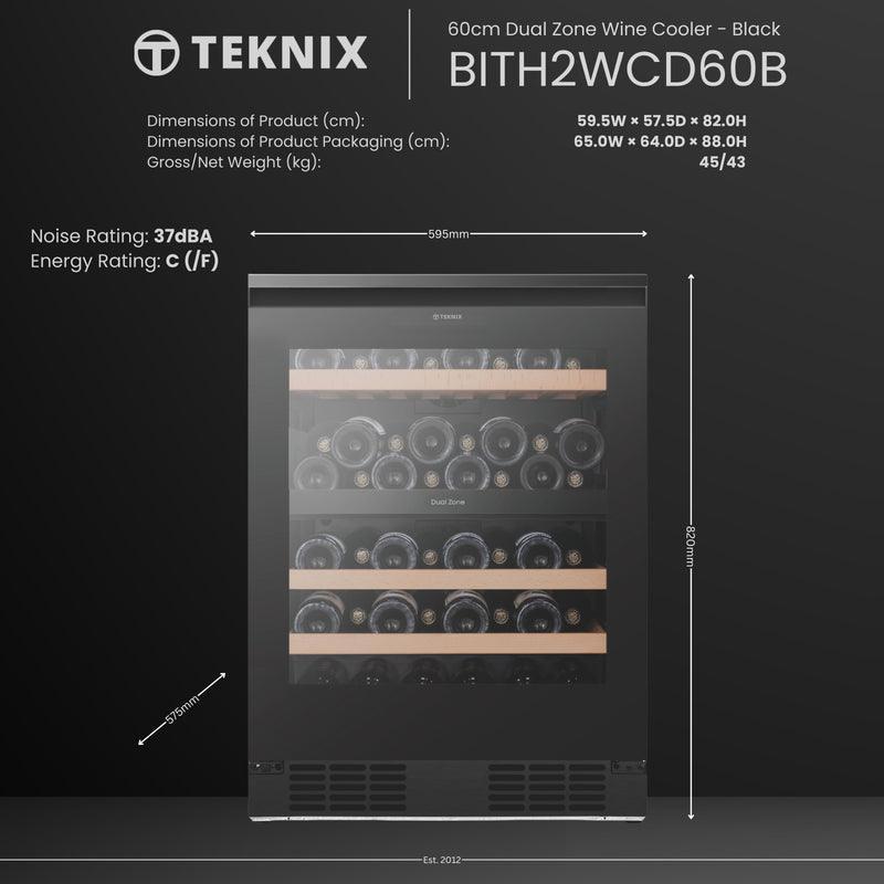 Teknix BITH2WCD60B - Black 60cm Wine Cooler - 46 Bottle Capacity - F Energy