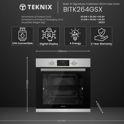 Teknix BITK264GSX - Stainless Steel Single Oven - Gas - 69L - A Energy