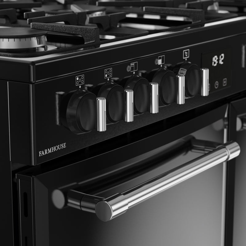 Belling Farmhouse 90DF - Black 90cm Dual Fuel Range Cooker - 174L Capacity - A Energy Rating