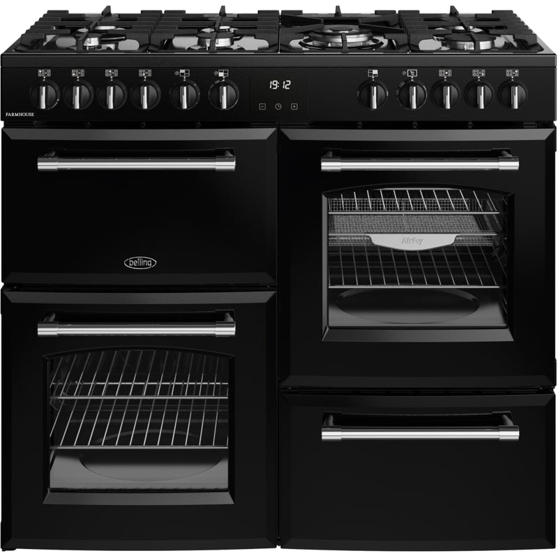 Belling Farmhouse 100DF - Black 100cm Dual Fuel Range Cooker - 199L Capacity - A Rated