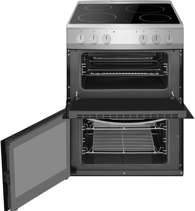 Amica AFC602SS 60cm Ceramic Electric Cooker with Double Oven, A Rated - Silver