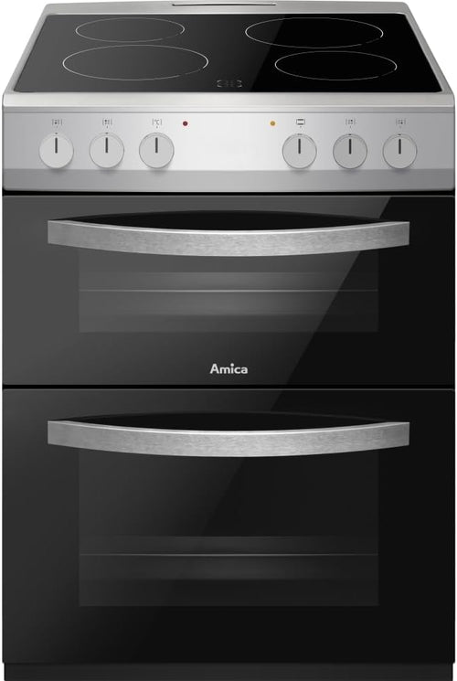 Amica AFC602SS 60cm Ceramic Electric Cooker with Double Oven, A Rated - Silver