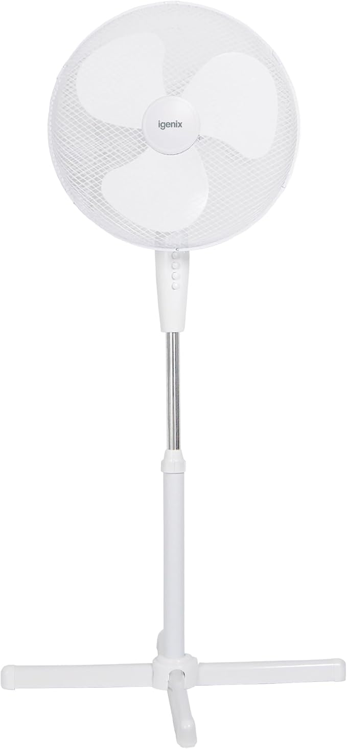 Igenix DF1655 - White 16 Inch Pedestal Fan - 3 Speed, Oscillating, Adjustable Height - A+ Energy