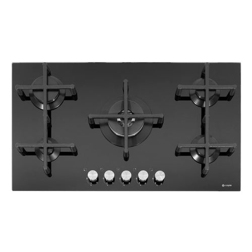 Caple C7591G - Black 86cm 5 Burner Gas on Glass Hob - 4kW Triple Ring Burner - Cast Iron Supports