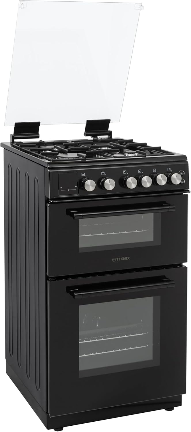Teknix TKGD50B - Black 50cm Freestanding Gas Cooker - Double Oven & 4 Burner Hob - A+ Energy Rated