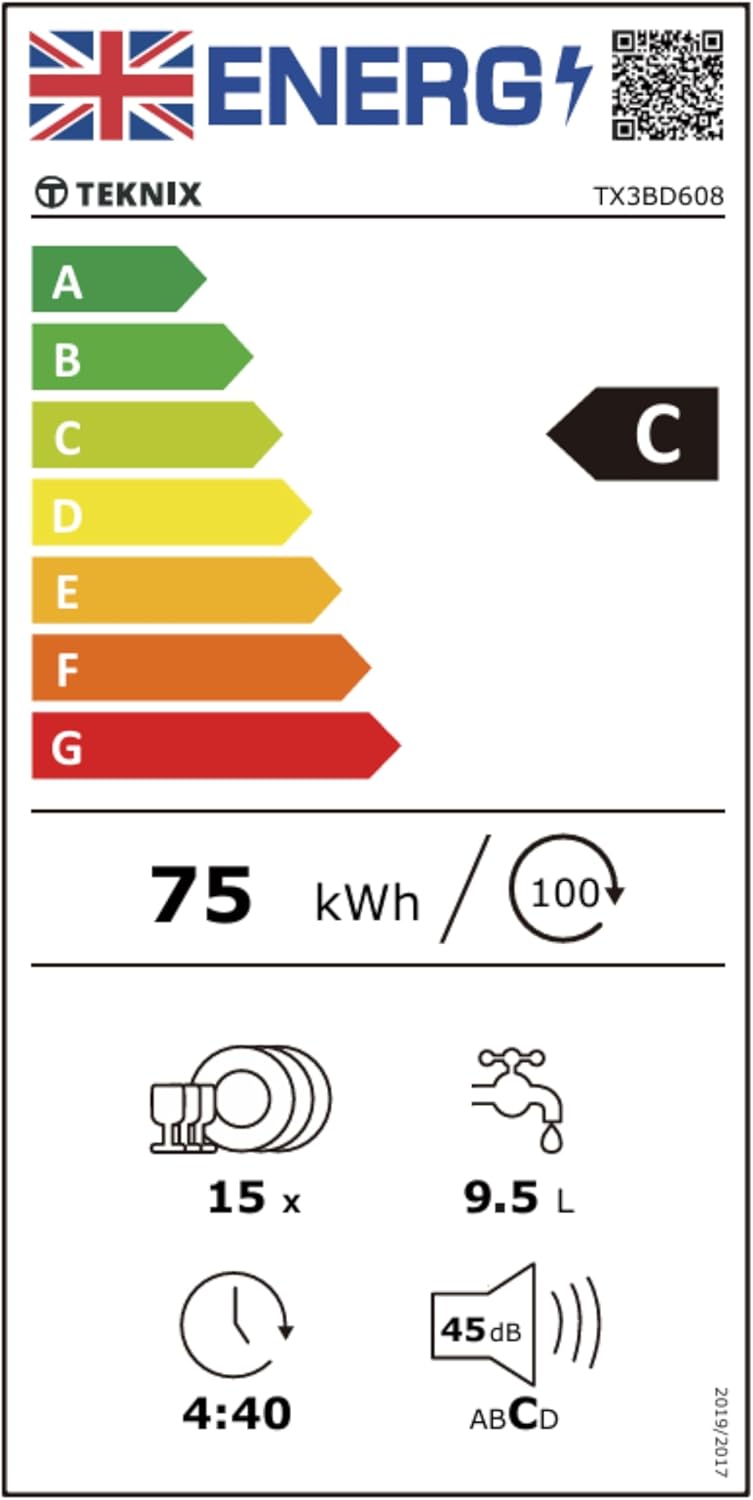 Teknix TX3BD608 - Black Full Size Dishwasher - 15 Place Settings - C Energy Rating
