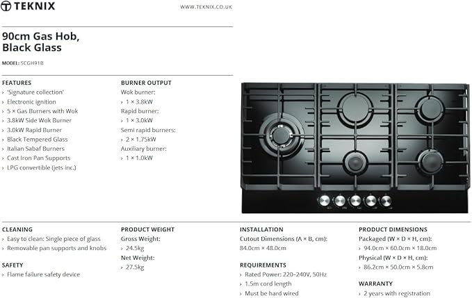 Teknix SCGH91B - Black 5 Zone Gas Hob