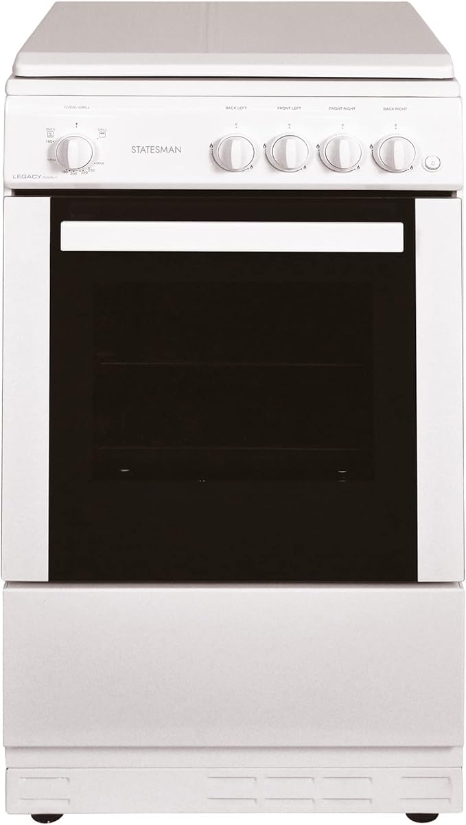 Statesman LEGACY50GSLF -SLIM DEPTH 50CM White Single Oven Gas Cooker with Lid - 4 Gas Burners, 51L Capacity - A Energy Rating