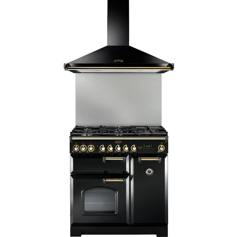 Rangemaster Classic CLAHDC90BB - Black with Brass Trim 90cm Chimney Cooker Hood - D Energy Rated