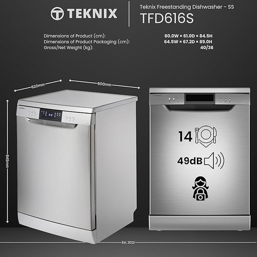 Teknix TFD616S - Stainless steel Freestanding Dishwasher - E energy