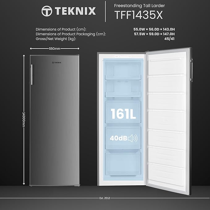 Teknix TFF1435X - Silver Freestanding Frost Free Freezer - Garage Safe - E energy