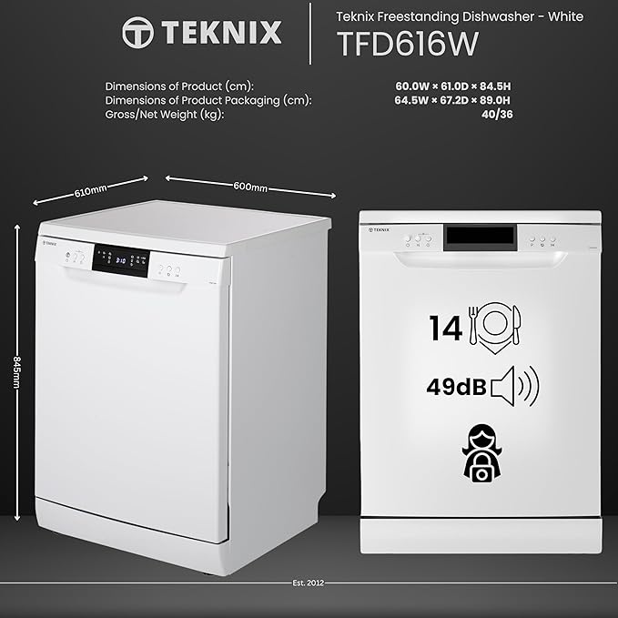 Teknix TFD616W - White Freestanding Dishwasher - E energy  **TOP CUTLERY RACK**
