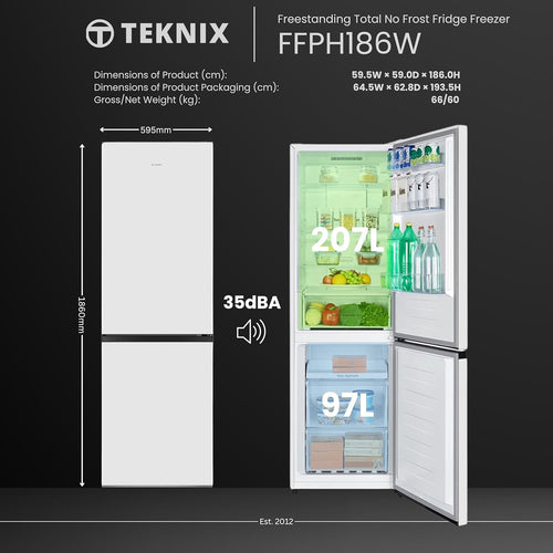 Teknix FFPH186W - White 60/40 Split Fridge Freezer - 304L Capacity - E Rated