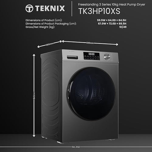 Teknix TK3HP10XS - Silver 10KG Heat Pump Tumble Dryer - E Energy Rating