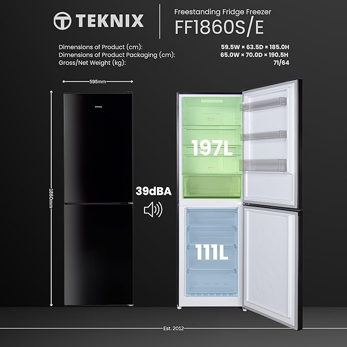 Teknix FF1860B/E - Black Fridge Freezer - 308L - E Energy Rating