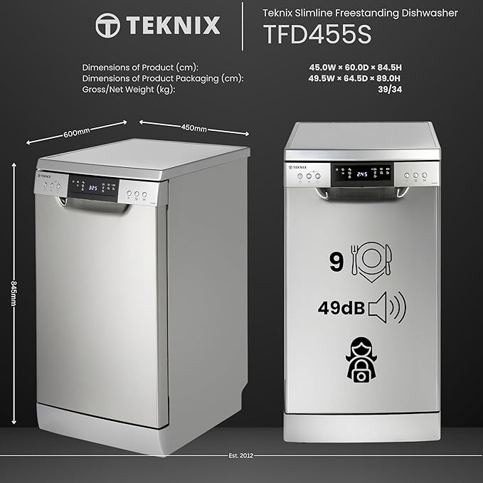 Teknix TFD455S - Stainless steel Freestanding Dishwasher - E energy