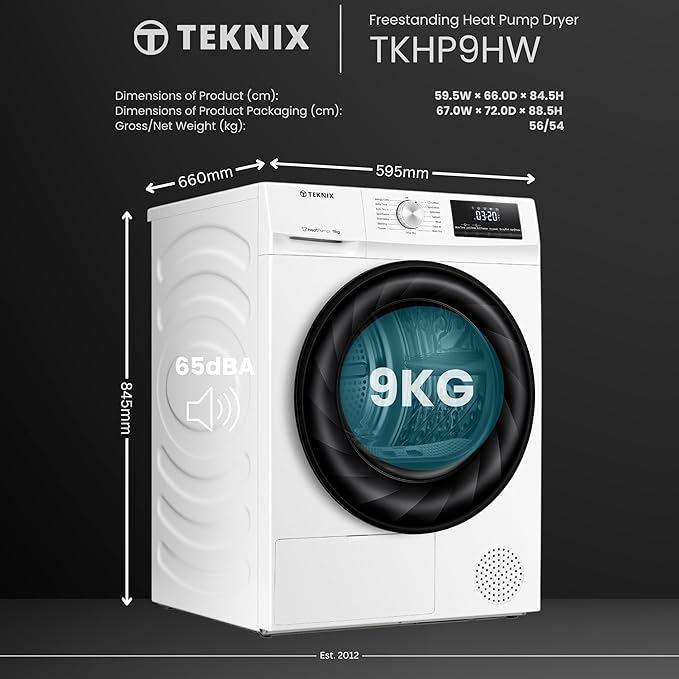 Teknix TKHP9HW - White 9KG Heat Pump Condenser Dryer - E energy
