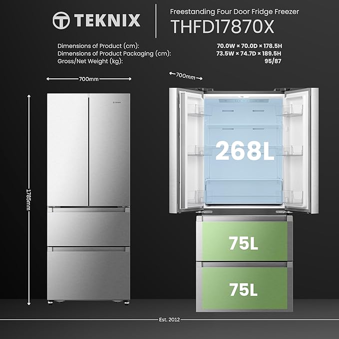 Teknix THFD17870X - Silver Freestanding American Frost Free Fridge Freezer - E energy