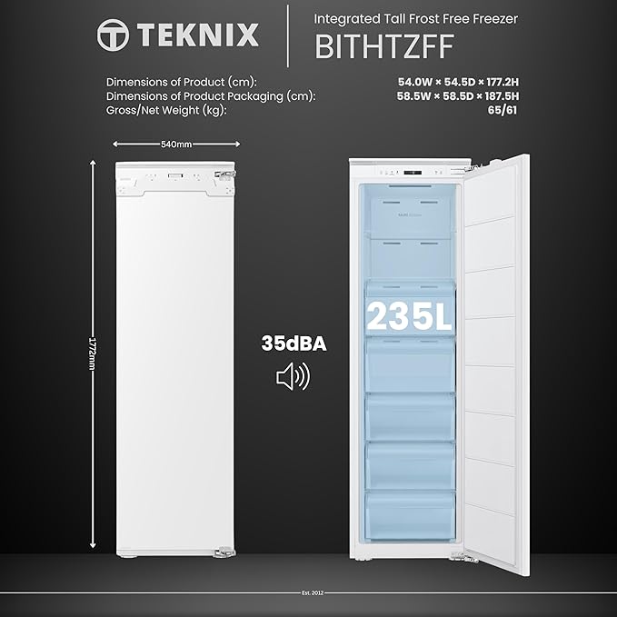 Teknix BITHTZFF - White 235L Integrated Tall Freezer - Garage Safe - Total No Frost - E energy