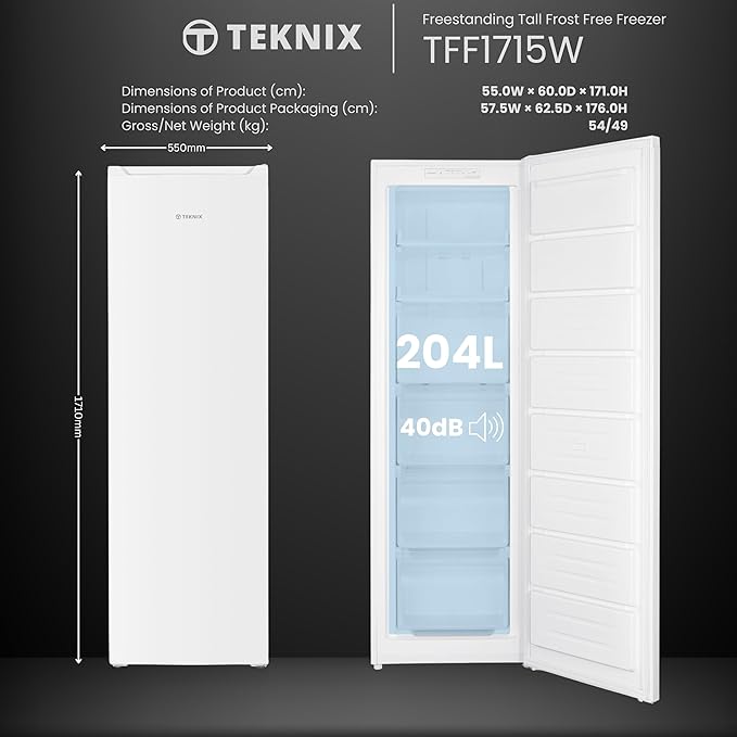 Teknix TFF1715W - White Freestanding Frost Free Freezer - Garage Safe - E energy - Display