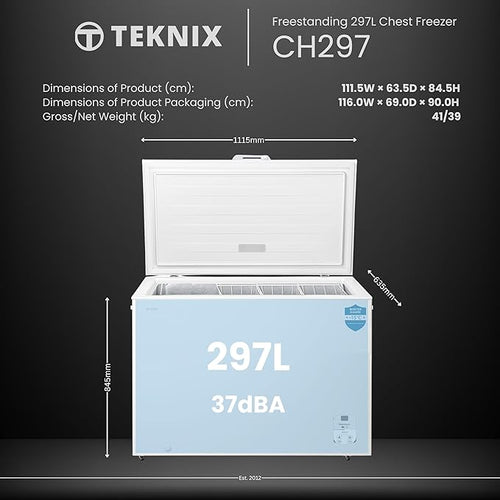 Teknix CH297 - White 300L Chest Freezer - Garage Safe - Digital Temperature Control - E Energy Rating
