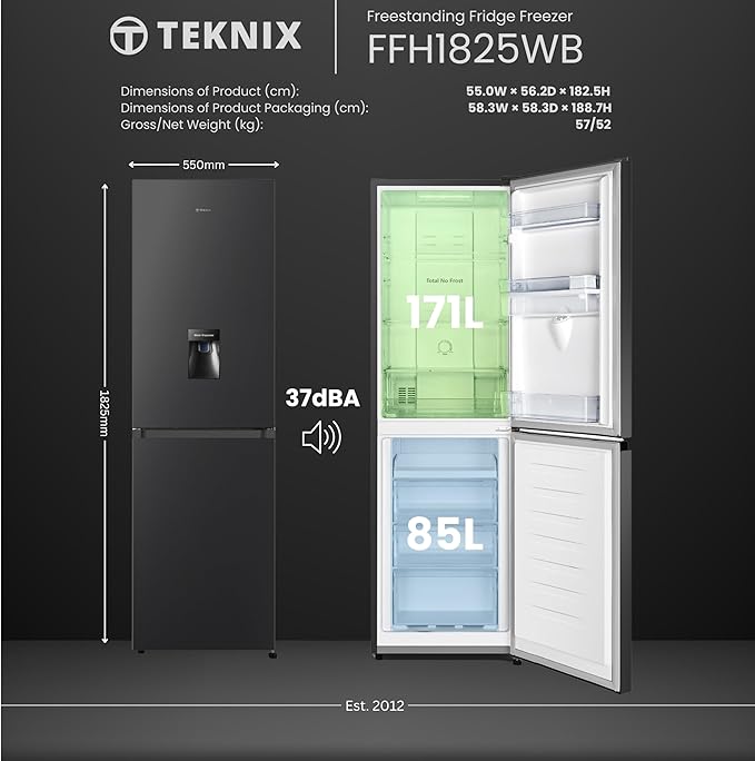 Teknix FFH1825WB - Black Freestanding 50/50 Frost Free Fridge Freezer - F energy