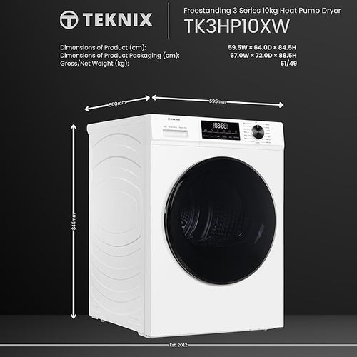 Teknix TK3HP10XW - White 10KG Heat Pump Tumble Dryer - E Energy Rating