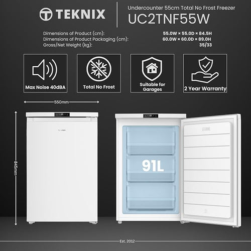 Teknix UC2TNF55FW - White Under Counter Freezer