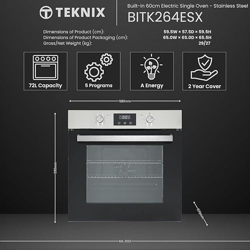 Teknix BITK264ESX - Stainless Steel Single Oven - 70L Capacity - A Energy Rating - Display
