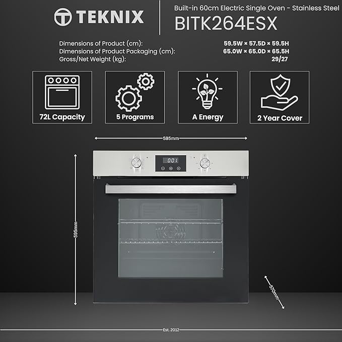 Teknix BITK264ESX - Stainless Steel Single Oven - 70L Capacity - A Energy Rating - Display