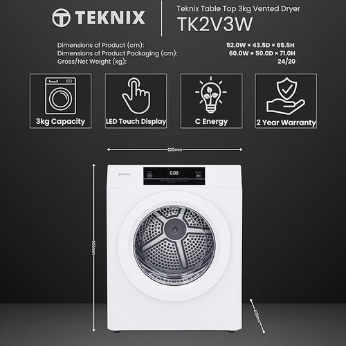 Teknix TK2V3W - White 3KG Tumble Dryer - Compact Vented - C Energy Rating