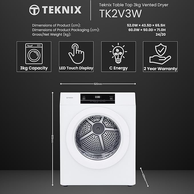 Teknix TK2V3W - White 3KG Tumble Dryer - Compact Vented - C Energy Rating
