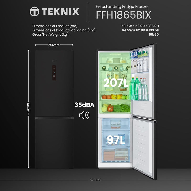 Teknix FFH1865BIX - Black Freestanding 60/40 Frost Free Fridge Freezer - D energy - Display