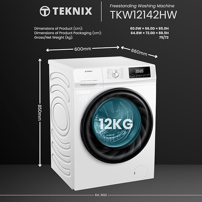 Teknix TKW12142HW - White Freestanding 12KG Washing Machine - 1400 RPM - A energy