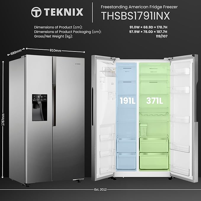 Teknix THSBS1791PLUX Stainless Steel 2 Door Side by Side Fridge Freezer - E rated Plumbed ice+water