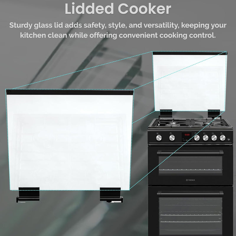 Teknix TKGD50B - Black 50cm Freestanding Gas Cooker - Double Oven & 4 Burner Hob - A+ Energy Rated