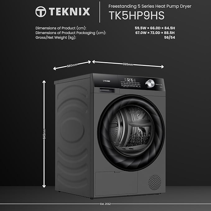 Teknix TK5HP9HS - Titanium 9KG Tumble Dryer - Heat Pump - E Energy Rating