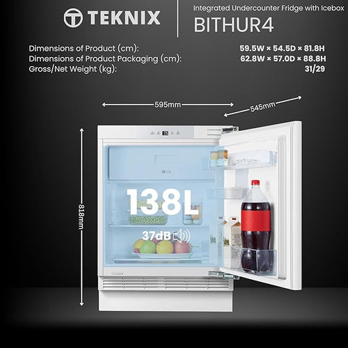 Teknix BITHUR4 - White Under Counter Fridge - 138L with Ice Box - E Energy Rating