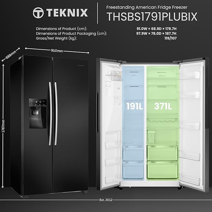 Teknix THSBS1791PLUBIX Black Steel 2 Door Side by Side Fridge Freezer - E rated Plumbed ice+water