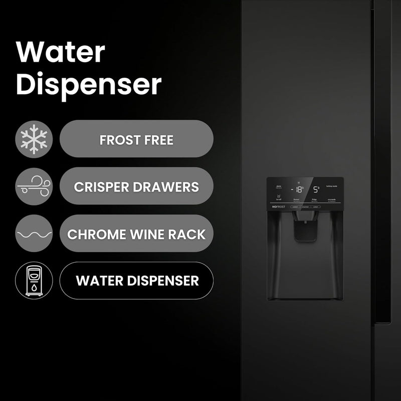 Teknix THSBS1791PLUBIX Black Steel 2 Door Side by Side Fridge Freezer - E rated Plumbed ice+water