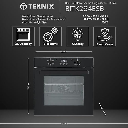 Teknix  BITK264ESB - Black Single Oven - 70L Capacity - A Energy Rating