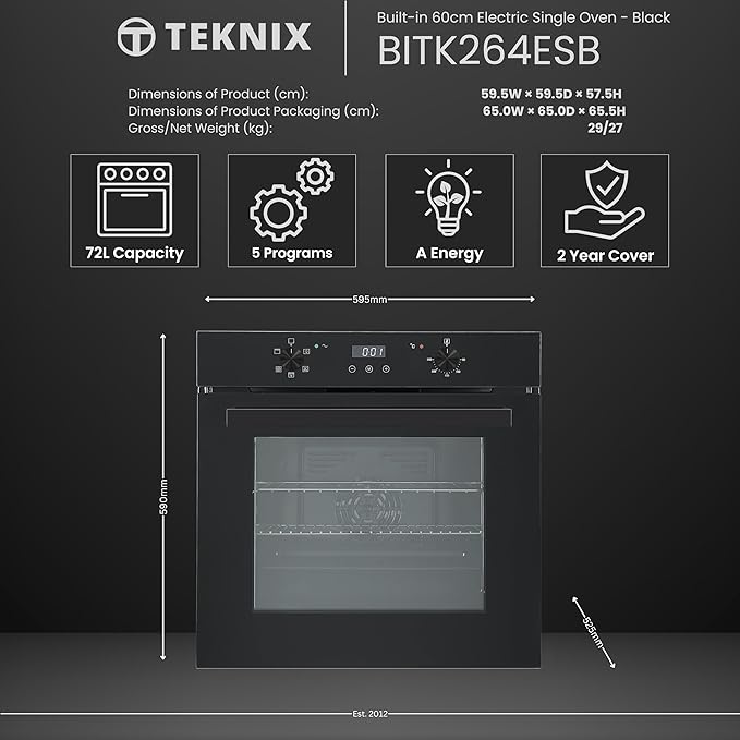 Teknix  BITK264ESB - Black Single Oven - 70L Capacity - A Energy Rating