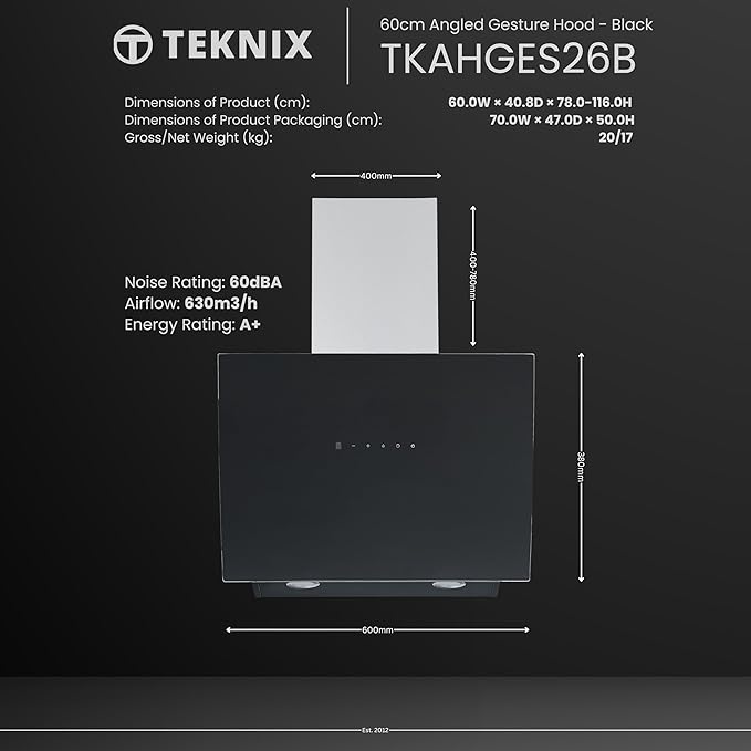 Teknix TKAHGES26B - Black Angled Gesture Hood - 60cm - A Energy Rated