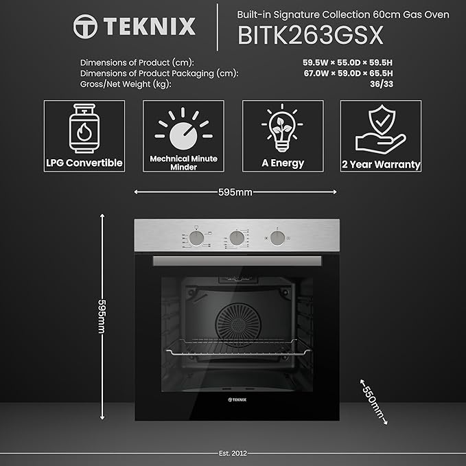Teknix BITK263GSX - Stainless Steel 63L Gas Oven - Built-in-LPG convertible - A Energy Rating